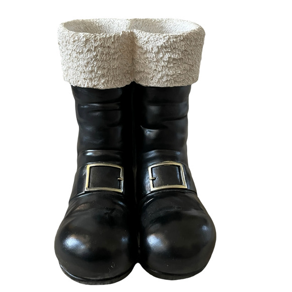 Santa Boots MERRY CHRISTMAS Container Planter Holiday Black Gold White Holiday - Picture 2 of 16